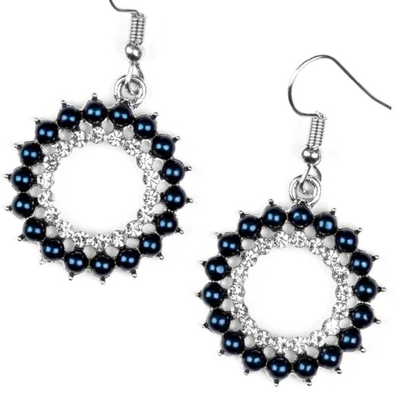 Blue Pearl & Rhinestone Hoop Earrings | Elegant Dainty Design - Picture 1 of 4